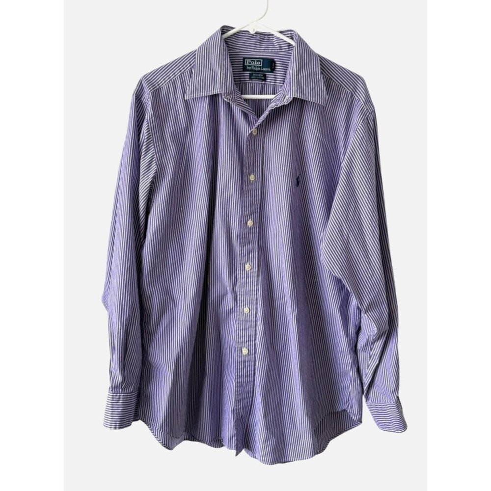 Polo Ralph Lauren Andrew Shirt Long Sleeve Cotton Purple Striped Mens 16 1/2